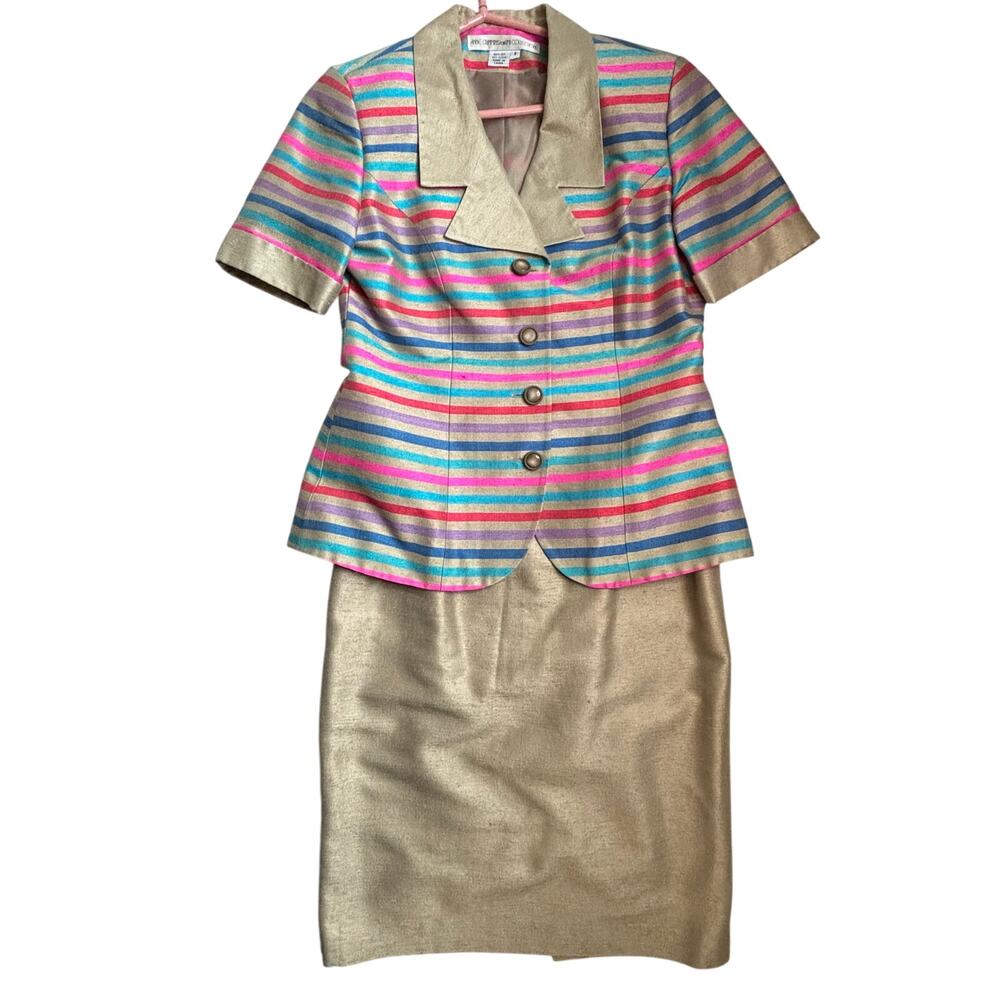 Anne Crimmins UMI Vintage Silk Skirt Suit Gold Neon Stripes Size 8 Short Sleeve